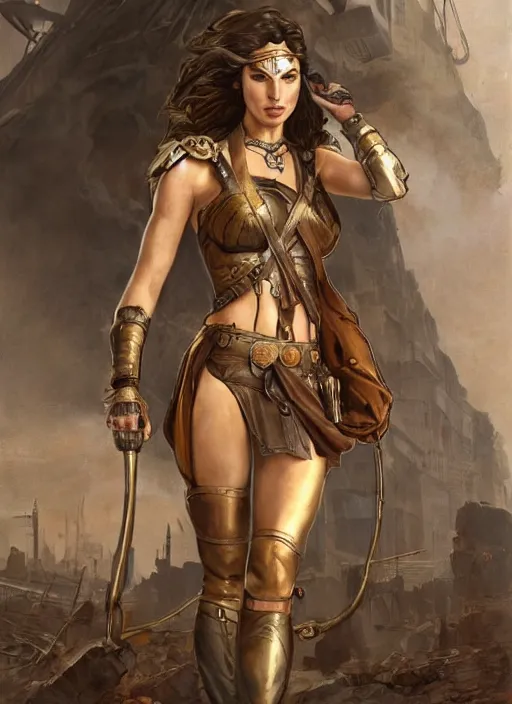 Image similar to highly detailed steampunk gal gadot with blond hair, standing, iron age : leonardo da vinci, greg rutkowski, magali villeneuve