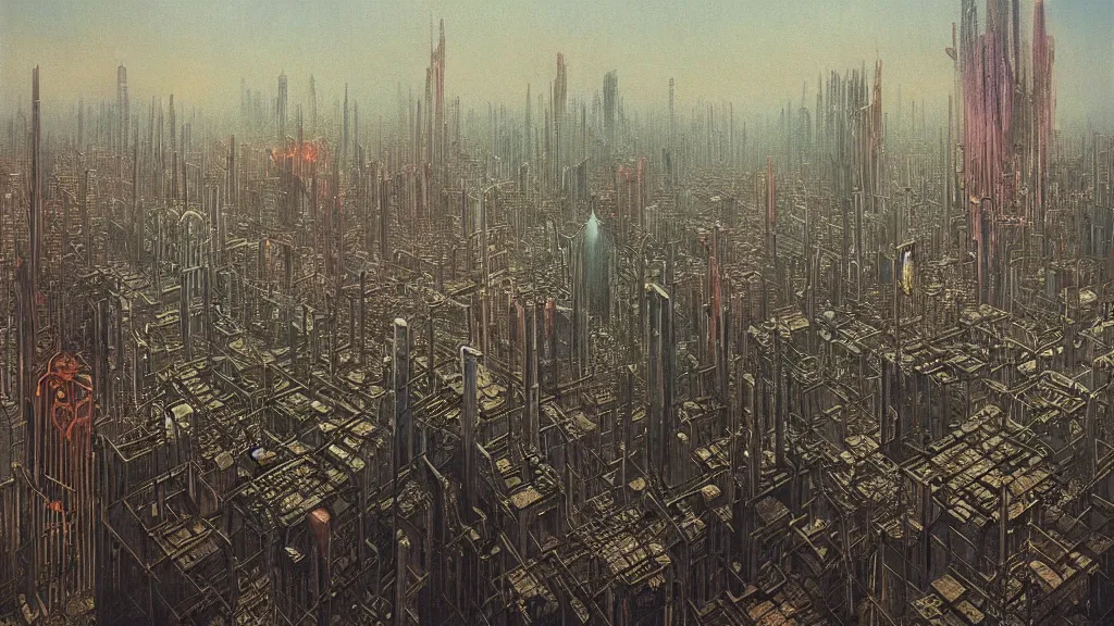 Image similar to Beautiful Painting of a cyberpunk city by Zdzisław Beksiński