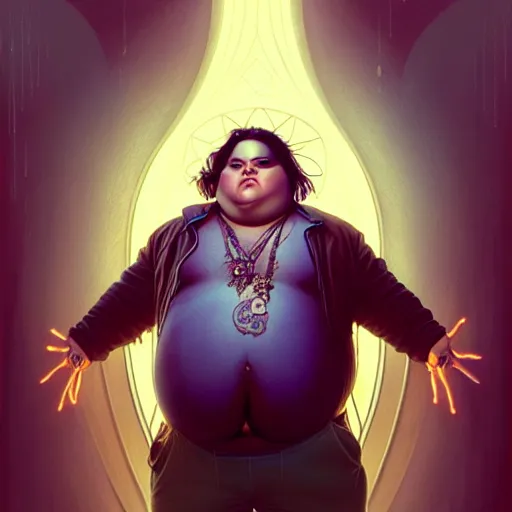 Image similar to fat overweight johnny depp showing his belly, sci fi, glowing eyes, volumetric lights, gold theme, art nouveau botanicals, intricate, highly detailed, digital painting, artstation, concept art, smooth, sharp focus, cinematic, illustration, beautiful face, art by artgerm and greg rutkowski and alphonse mucha