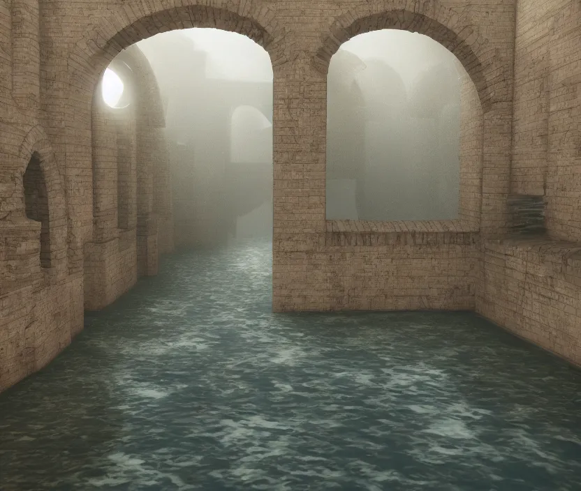 Image similar to tiled room squared waterway, aqueducts, octane render, artstation trending, volumetric lighting, highly detailded, illustration