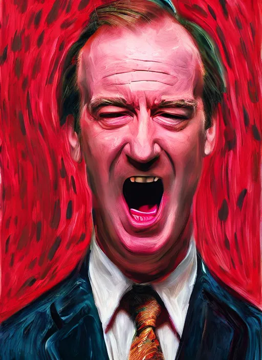 Image similar to saul goodman, screaming, painting by david lynch,'action lines '!!!, graphic style, visible brushstrokes, motion blur, blurry