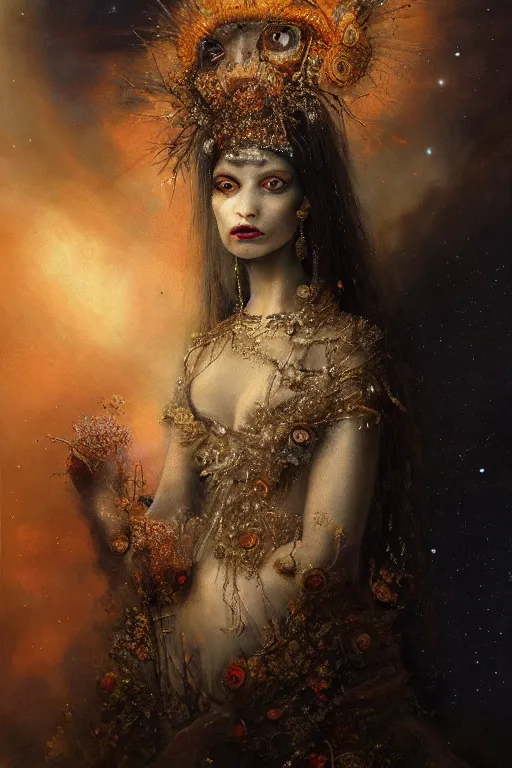 Prompt: breathtaking detailed soft painting of the night queen with a golden headpiece, blood eyes and mouth, gauze dress draped of fireflies and constellations and nebulae in the background, rembrandt style, elegant, highly detailed, artstation, concept art, matte, sharp focus, art by tom bagshaw, casimir art, kelogsloops and greg rutkowski