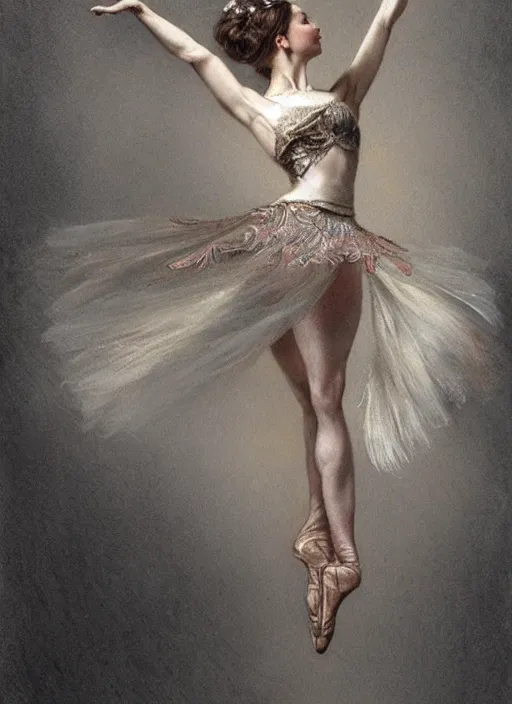 Image similar to a beautifull intricate pencil painting of a dancing ballerina, reflexions, verry high details by william turner art, greg rutkowski and alphonse mucha, trending on artstation, very very detailed, masterpiece, muted colors