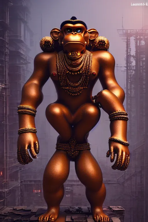 Image similar to high quality 3 d render post - rococo cyberpunk hanuman! head morning mumbai, madhubani, highly detailed, cinematic smooth unreal engine, lee madgwick & liam wong, dramatic light, long shot, low angle, uhd 8 k, sharp focus