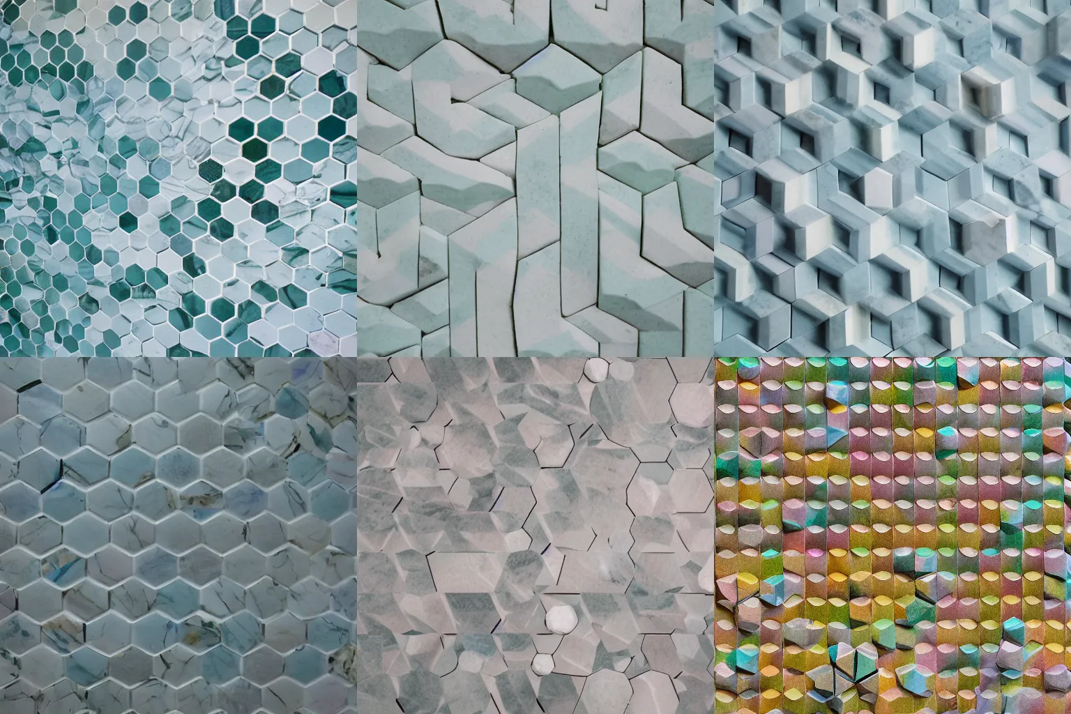 Prompt: macro photo of the bathroom's wall tiling, made of pastel marble, Archimedean tessellation, regular hexagons and regular triangles, 35mm