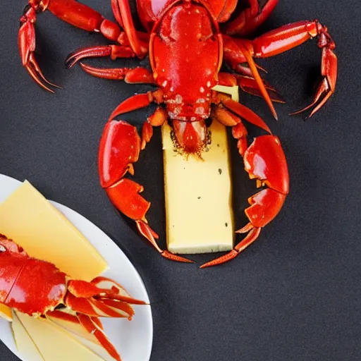 Prompt: lobster holding cheese on it's claws