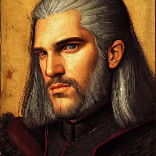 Prompt: a renaissance style portrait painting of Geralt de Rivia