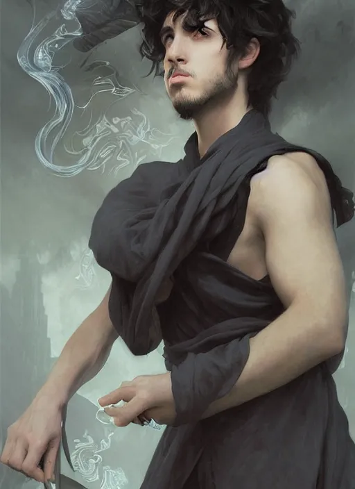 Image similar to character concept portrait of an attractive young seductive Spanish wizard with pale grey skin enchanting a seduction spell, a floating iridescent spell book in the center, intricate, elegant, digital painting, concept art, smooth, sharp focus, illustration, from Metal Gear, by Ruan Jia and Mandy Jurgens and William-Adolphe Bouguereau, Artgerm