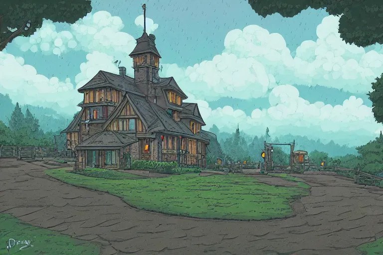 Image similar to A rainy roresy in the style of Ghibli Studio and Dan Mumford, detailed