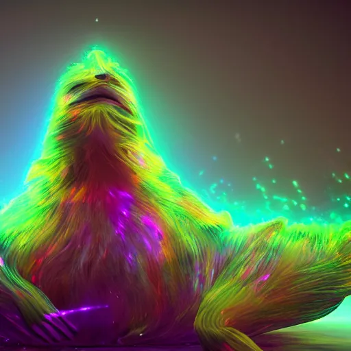 Image similar to this creature is a beautiful hologram that shimmers and glows in a myriad of colors. it is ethereal and otherworldly, and seems to defy the laws of physics 3 d octane render, artstation, andrew krivulya