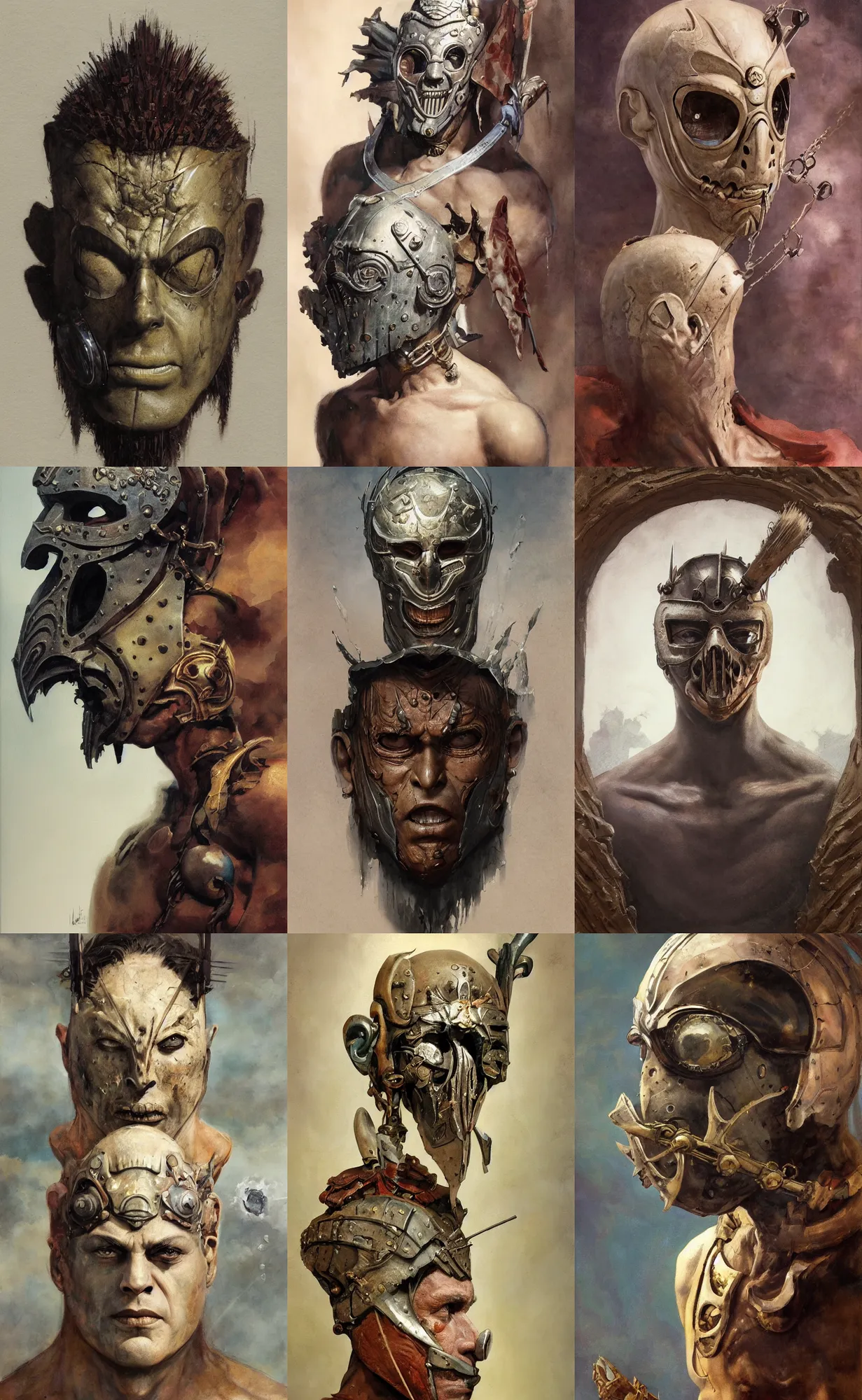 Prompt: A mixed media portrait painting of a man in the mask of damocles, detailed mask, detailed jaw and eyes, by Frank Frazetta, Boris Vallejo, Greg Rutkowski, Beeple, Yoko Taro, Christian MacNevin, epic fantasy character art, roman numerals, high fantasy, CGsociety, full length, exquisite detail, post-processing, masterpiece, cinematic, coliseum backdrop