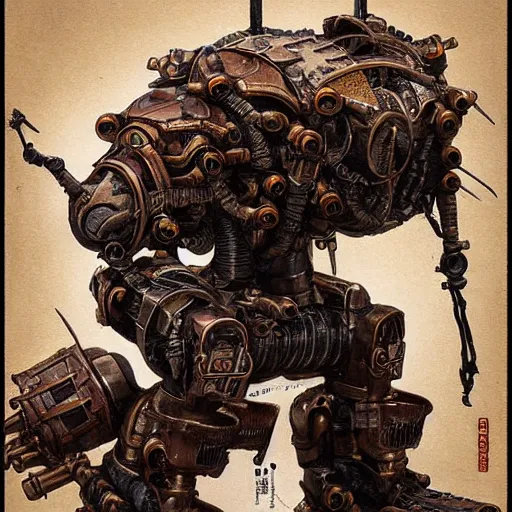 Image similar to a rampaging ashigaru steampunk - inspired mecha boar of bamboo, laquer and steel by brian froud and greg rutkowski