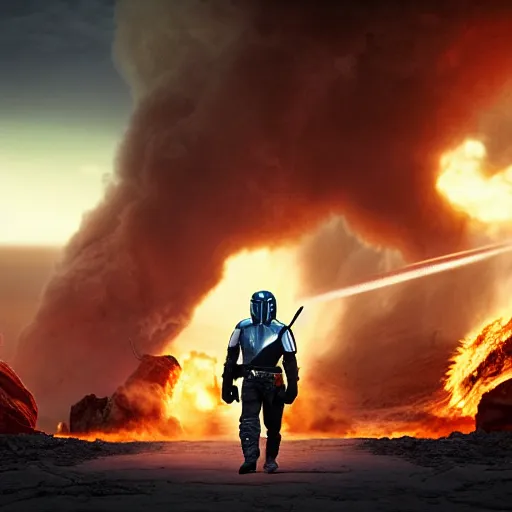 Image similar to the mandolorian walking away from huge explosion, 8k, cinematic, photorealistic