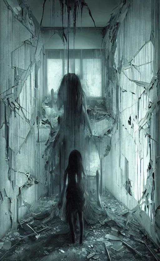 Image similar to vertical movie frame portrait of girl inside abandoned bedroom, ominous backrooms at distance seen through big broken shattered window, giger interior design, architectural design, vintage, liminal aesthetic, dreamcore, weirdcore, clean lines, wide angle, by wayne barlowe, tsutomu nihei, zdzislaw beksinski,