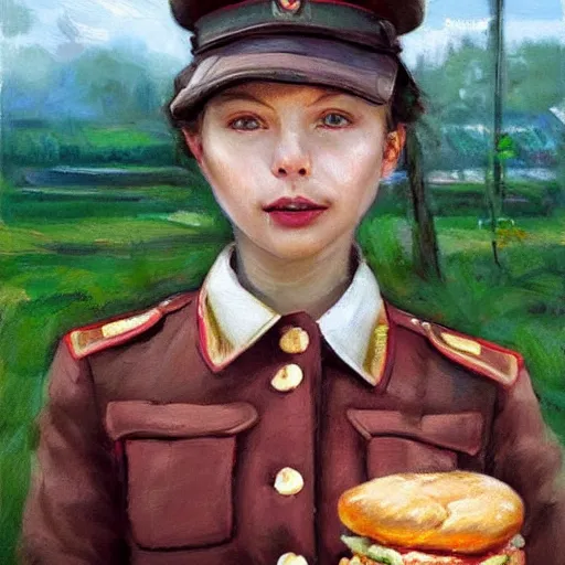 Image similar to high detail portrait oil painting illustration of beuatiful girl as soviet red army soldier eating hot baked bun, in khaki tunic, by justin sweet with face and body clearly visible, in a scenic background, pupils visible, realistic proportions, artstation trending, high quality, sombre mood, artstation trending, muted colours, entire person visible!