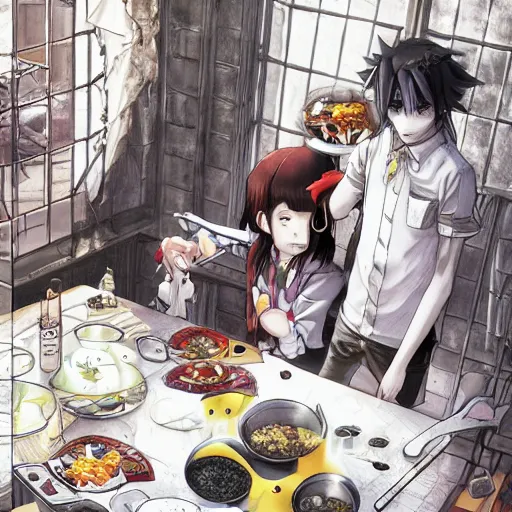 Prompt: goth pikachu detective making dinner, color page, tankoban, 4 k, tone mapping, akihiko yoshida, james jean andrei riabovitchev marc simonetti, yoshitaka amano, long hair, curly, h. hydrochaeri