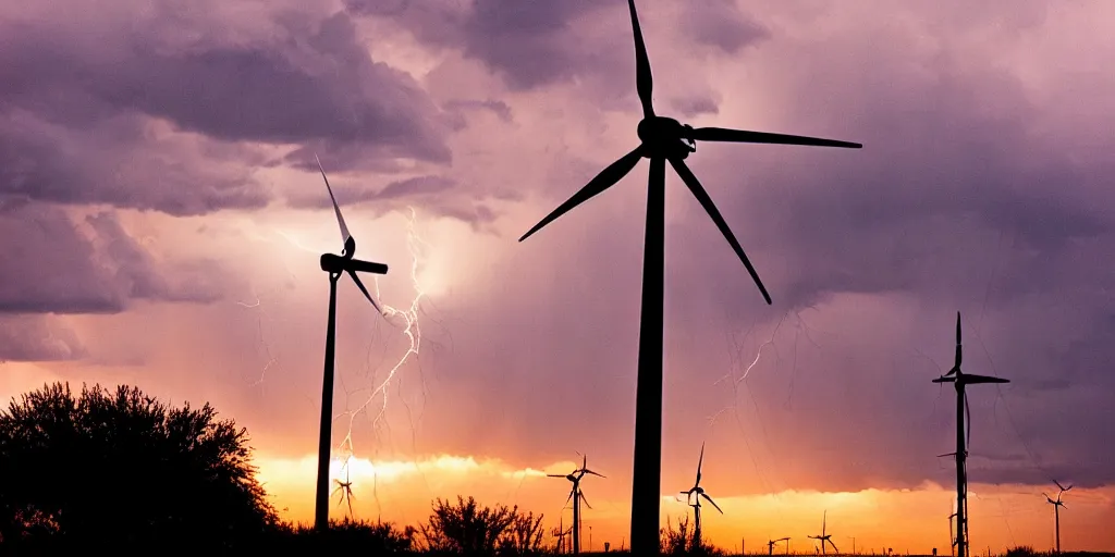 Prompt: photo of a stormy west texas sunset, perfect rustic ( ( wind turbine ) ), film photography, lightning, golden hour, high quality, beautiful!!!