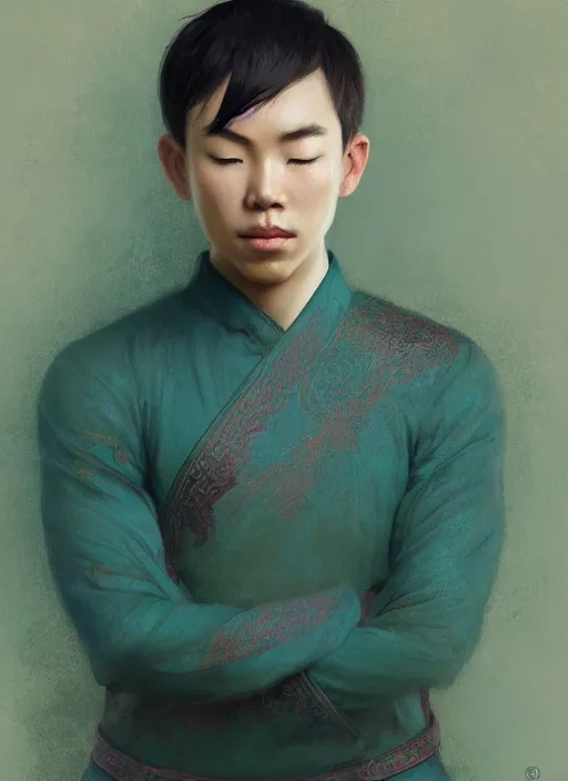 Prompt: boy asian, meditating in lotus position, full body, frontal view, teal uniform, intricate, elegant, highly detailed, artstation, sharp focus, illustration, ruan jia, mandy jurgens, rutkowski, mucha