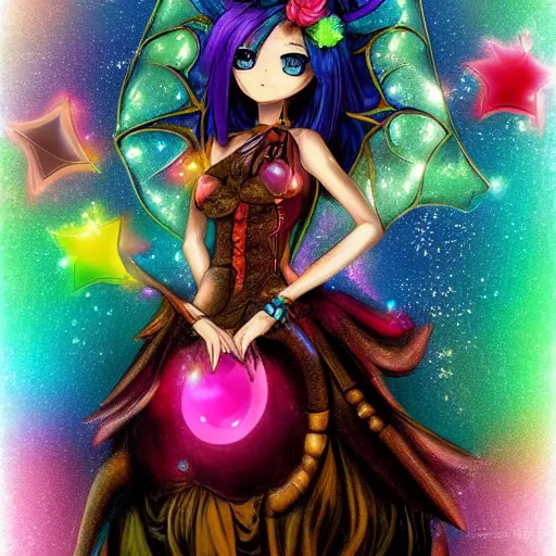 Prompt: Steam punk fairy, bright, sparkling, colourful, Anime Art Style