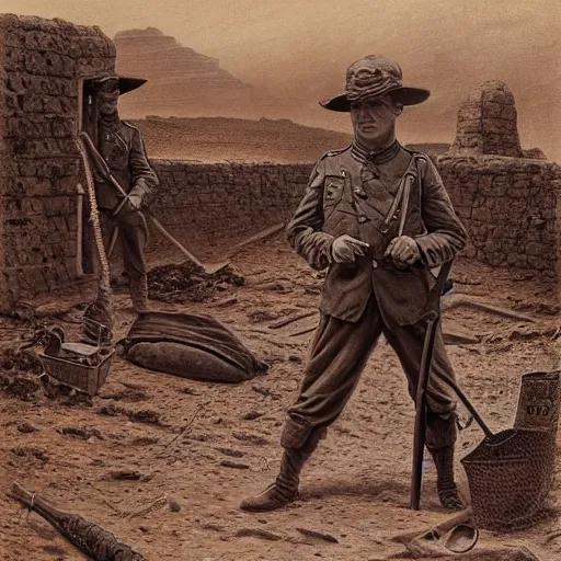 Image similar to ultra detailed photorealistic sepia - toned photograph from 1 9 1 7, a british officer in field gear standing at an archaeological dig site in wadi rum, ultra realistic, painted, intricate details, lovecraft, atmospheric, dark, horror, brooding, highly detailed, by angus mcbride