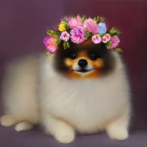 Image similar to anthromorphic fluffy pomeranian puppy dressed in princess robe and flower crown, detailed 4 k oil painting