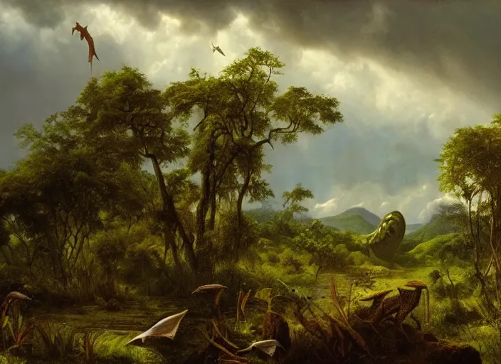 Prompt: a scene of the jurassic era, with extinct plants and tropical rain forests. a dark sky is looming above. very far away pteradactyls are seen flying high the sky in the distance, grassy meadows in the distance. in the style of hudson river school of art, oil on canvas