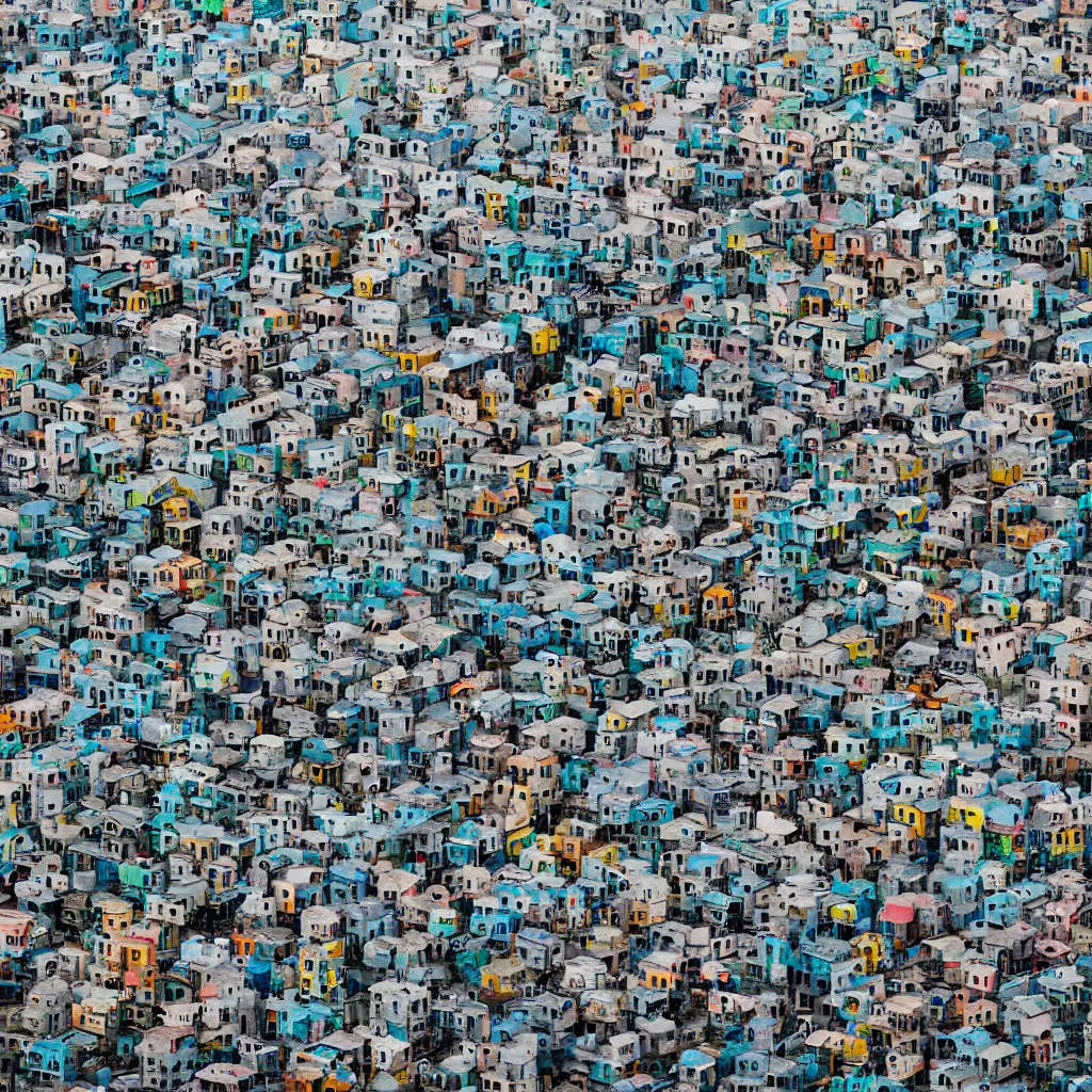 Prompt: close - up swarm of towers made up of colourful squatter shacks, bleached colours, plain uniform off white sky, dystopia, mamiya, very detailed, ultra sharp, photographed by john chiara