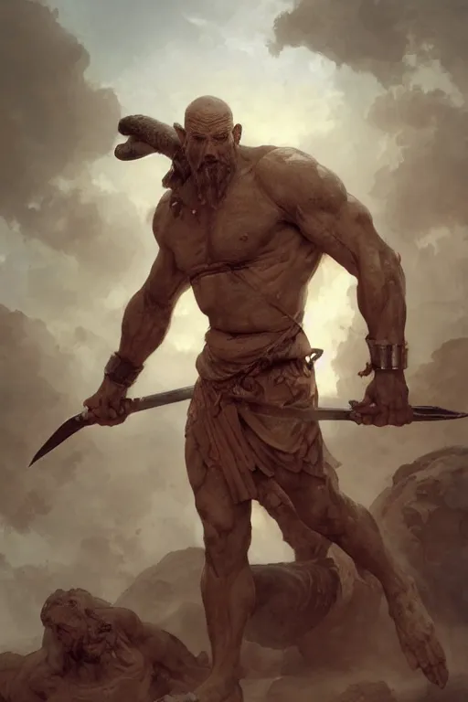 Image similar to ancient historically accurate depiction of the Bible Character Goliath of Gath, the Philistine warrior giant by frank miller, illustration by Ruan Jia and Mandy Jurgens and William-Adolphe Bouguereau, Artgerm, 4k, digital art, surreal, space dandy style, highly detailed, godsend, artstation, digital painting, concept art, smooth, sharp focus, illustration by Ruan Jia and Mandy Jurgens and William-Adolphe Bouguereau, Artgerm