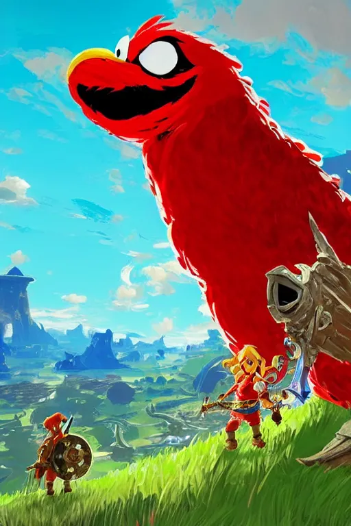 Image similar to an in game portrait of elmo from the legend of zelda breath of the wild, breath of the wild art style.