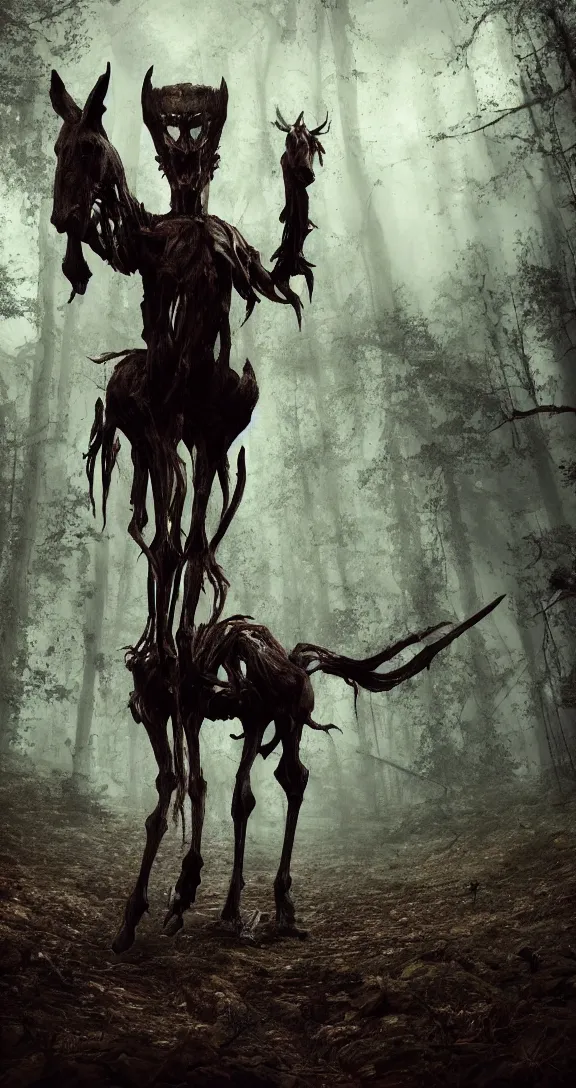 Image similar to a cinema still of a tall, bony humanoid creature with the head and hooves of a horse and disproportionately long limbs with dark gloomy forest in the background shot by guilliermo del toro, horror, dark, natural, hyper detailed, digital art, trending in artstation, cinematic lighting, studio quality,