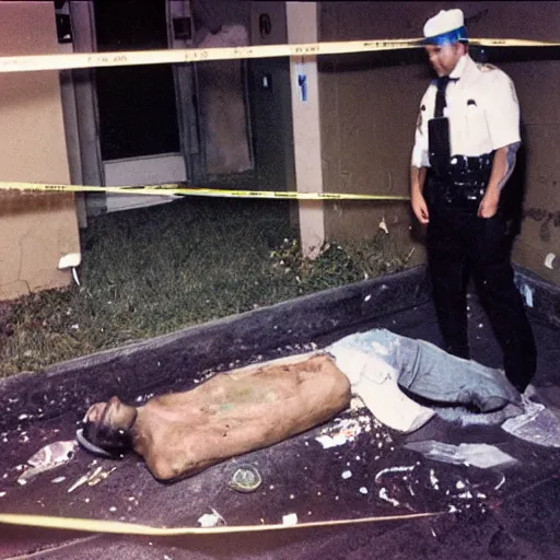 Image similar to a full-color police photograph of a crime scene. inside the crime scene there is a human corpse covered in a thin film of wet clay. the corpse is twisted and bent and wrong