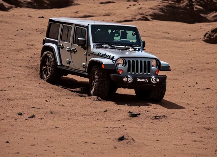 Image similar to Jeep driving across the moon, Professional Photography, Off-roading, Lunar landscape, dirt, cinematic color, photorealistic, highly detailed wheels, highly detailed, sharp, stunning, dynamic