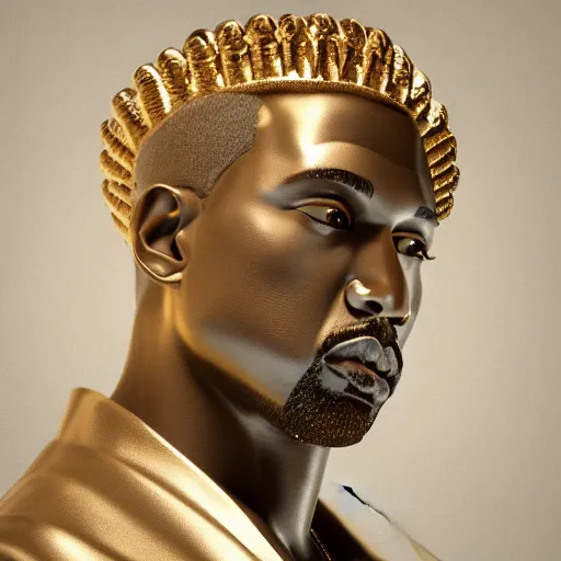 Image similar to side portrait of kanye west in the form of a greek sculpture in marble, with a gold crown, baroque elements in the background, museum. photorealistic. ultra detailed. flash. intricate artwork by miguel angel. octane render. cinematic. 4 k. bokeh.