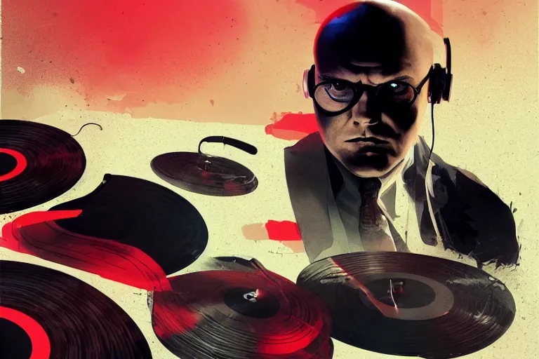 Image similar to an expressive portrait of agent 4 7 from hitman wearing headphones and laying on a floor of vinyl records, dark background, red rim light, digital art, artstation, concept art by giger stalenhag