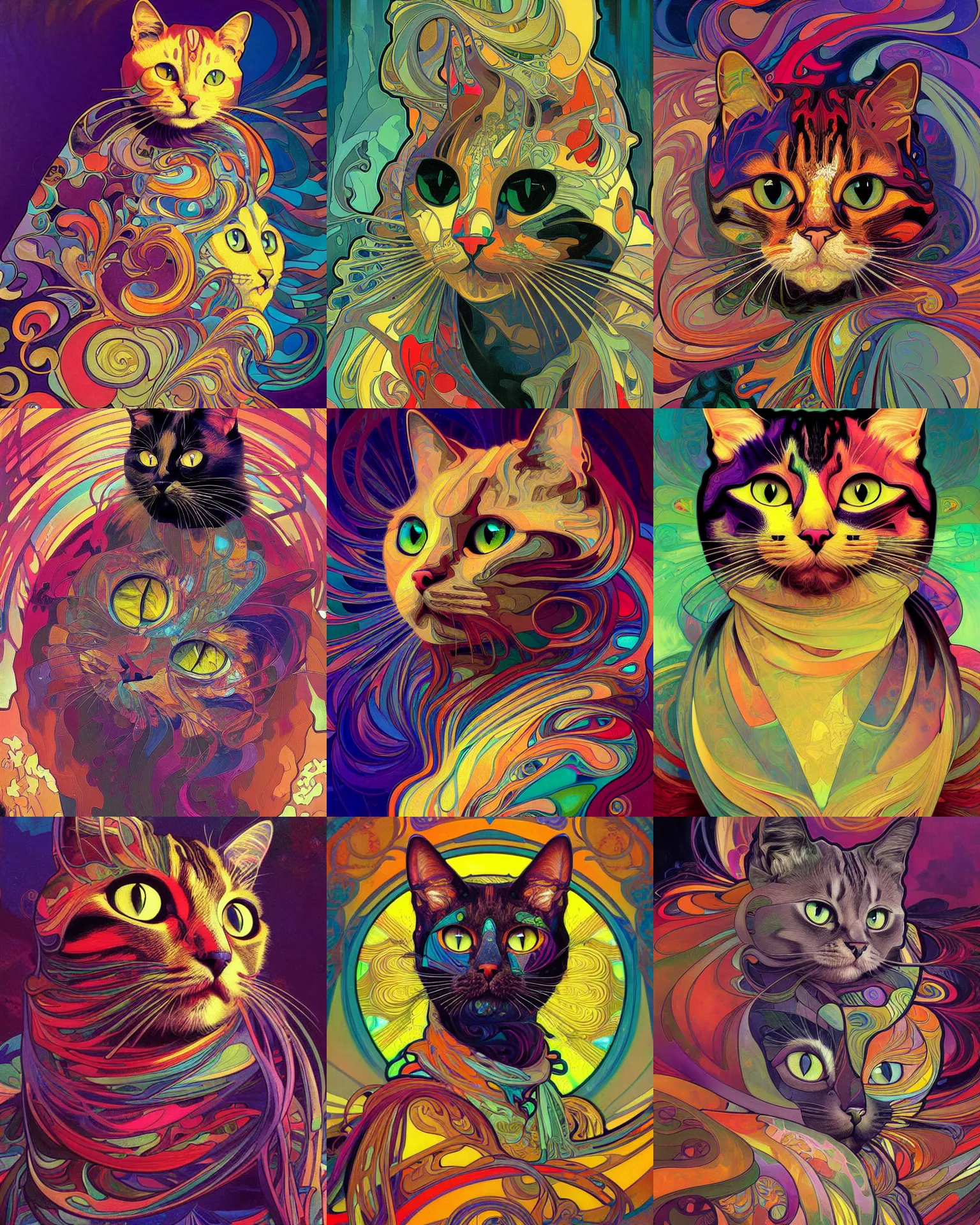 Prompt: cat portrait an acrylic painting splashes with many colors and shapes by john backderf greg rutkowski and alphonse mucha, polycount, generative art, psychedelic, fractalism, glitch art