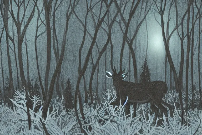 Image similar to a creepy dark forest illuminated by a bioluminescent stag, night