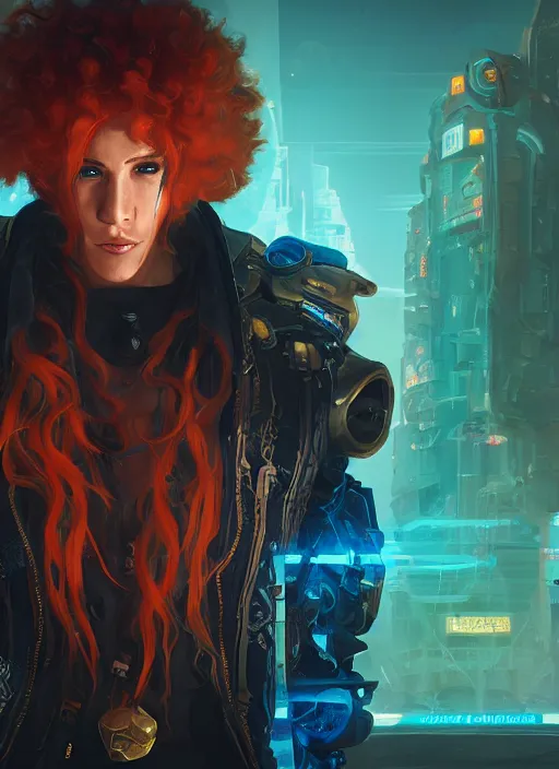 Image similar to cyberpunk portrait of a curly orange hair man as a champion from league of legends, au naturel, hyper detailed, digital art, trending in artstation, cinematic lighting, studio quality, smooth render, unreal engine 5 rendered, octane rendered, art style by pixar dreamworks warner bros disney riot games and arcane.