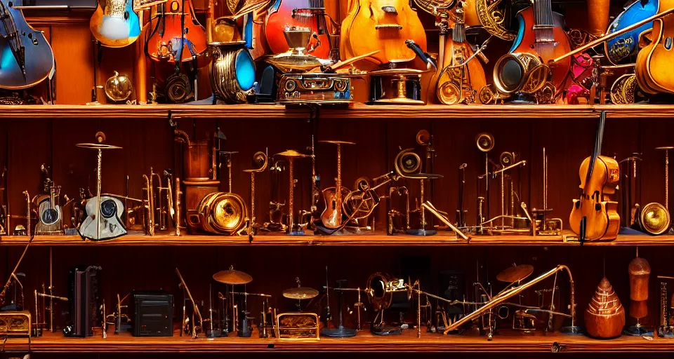 Image similar to a shelf of amazing magical musical instruments, cinematic lighting, detailed, beautiful colors, ornate, by greg rutowski and wlop 4 k