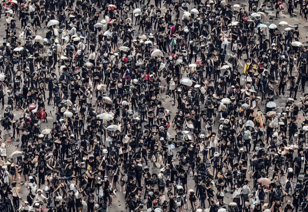 Image similar to fashion editorial in hong kong riot. wide angle shot. highly detailed.