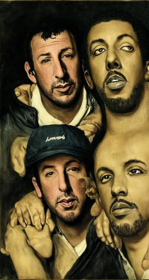 Prompt: adam sandler and kendrick lamar, detailed, 4 k, gothic, realistic, 1 9 3 0, by francisco goya