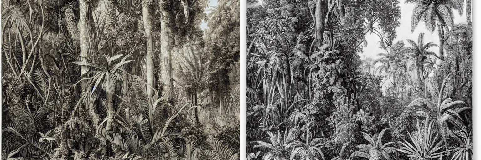 Prompt: tropical jungle with tall trees and vines by ernst haeckel