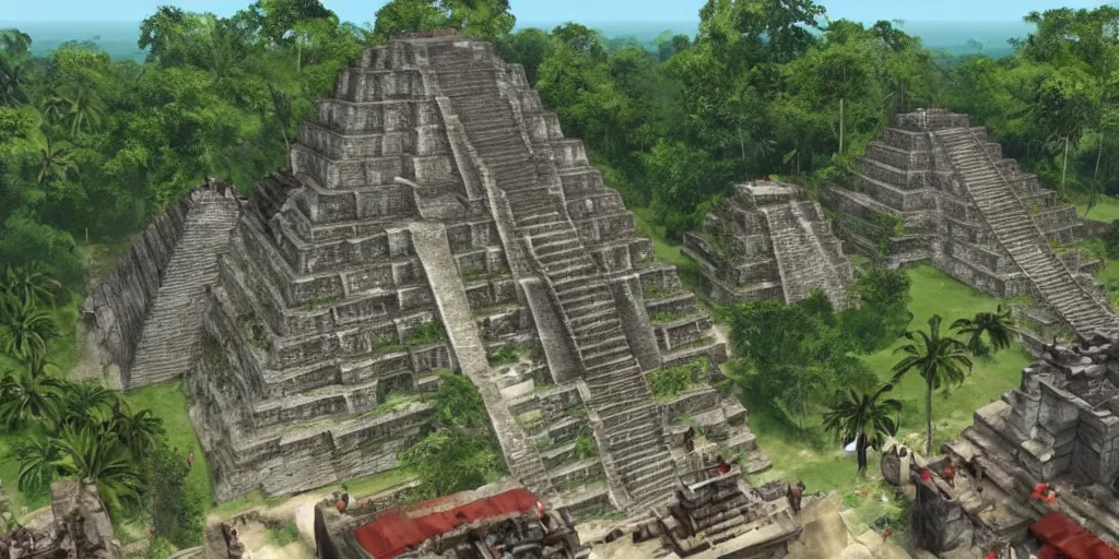 Prompt: mayan city of tikal if it was a game like grand theft auto v first person view, with realistic visuals and award winning gameplay, graffiti