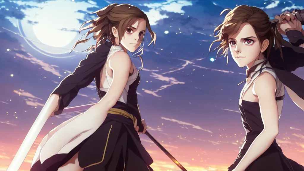 Image similar to a very detailed key visual of emma watson, demon slayer, ufotable, high quality, artgerm, action, on a street, night, fate stay night, unlimited blade works, greg rutkowski, high resolution, dynamic pose, landscape, medium portrait, samurai outfit, action, hyper realistic, anime, koyoharu gotouge, sakuga