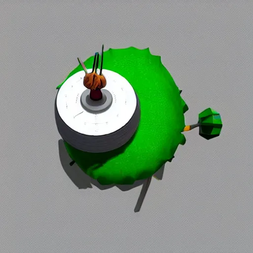 Image similar to a funny turntable with a needle on top of kiwi, a low poly render, featured on polycount, computer art, sketchfab, rendered in maya, voxel art