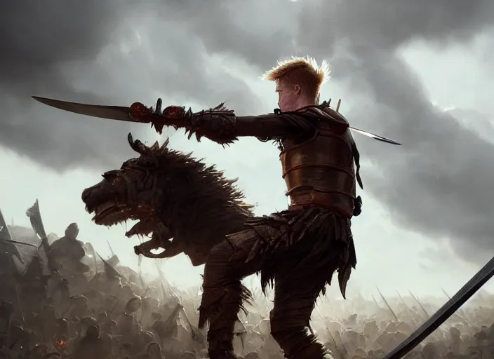 Image similar to dramatic cinematic artwork close up of Kevin De Bruyne as a warrior wielding a sword, fighting in a battle by Greg Rutkowski, 4k, masterpiece, sun rays