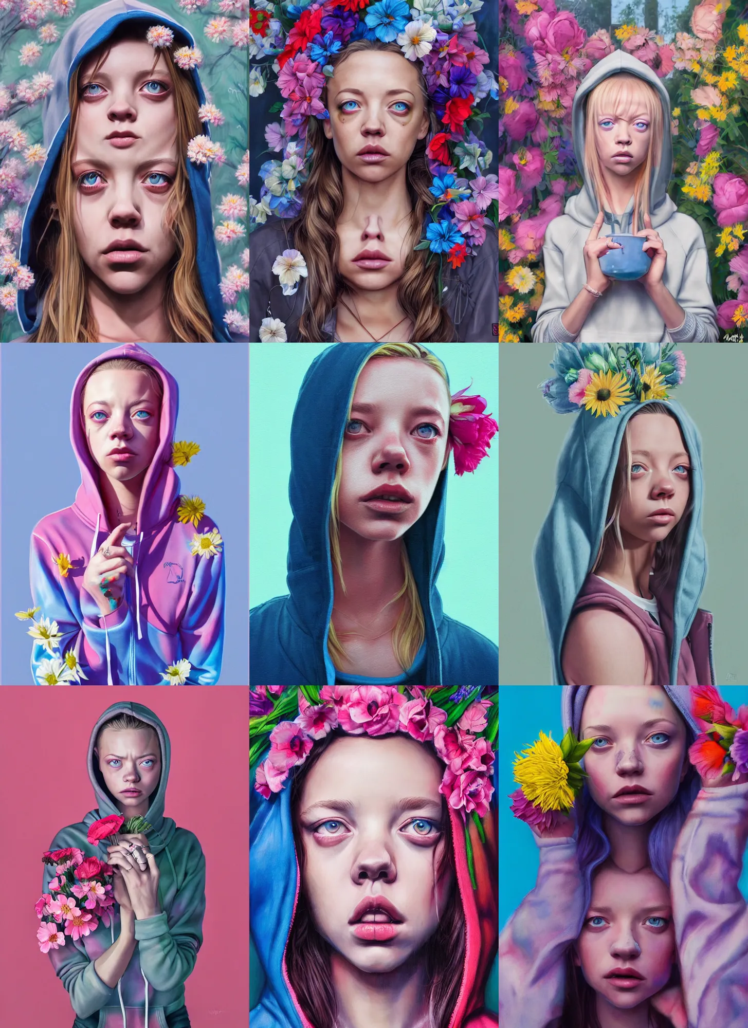 Prompt: still from music video of sydney sweeney from die antwoord standing in a township street, wearing a hoodie and flowers, street clothes, full figure portrait painting by martine johanna, ilya kuvshinov, rossdraws, pastel color palette, 2 4 mm lens