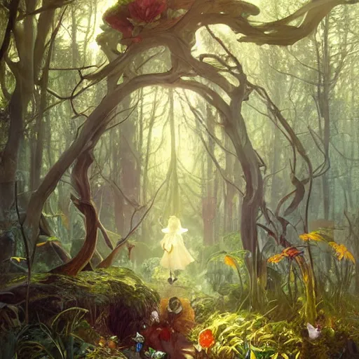 Prompt: alice in wonderland, surreal forest background, dramatic lighting, high detail, painted, by greg rutkowski, painted by stanley artgerm, painted by alphonse mucha, trending on artstation