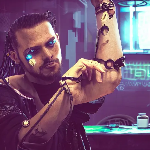 Image similar to high quality portrait of a pirate with four arms in a cyberpunk cyberpunk cyberpunk cafe, realism, 8k, award winning photo