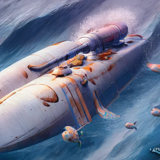 Prompt: subsurface scattering, white, giant submarine, koi colors only, octane render, jesper ejsing, justin gerard, james jean, tomasz alen kopera, cgsociety, fenghua zhong, makoto shinkai, highly detailed, rim light, art, cinematic lighting, very coherent, hyper realism, 8 k