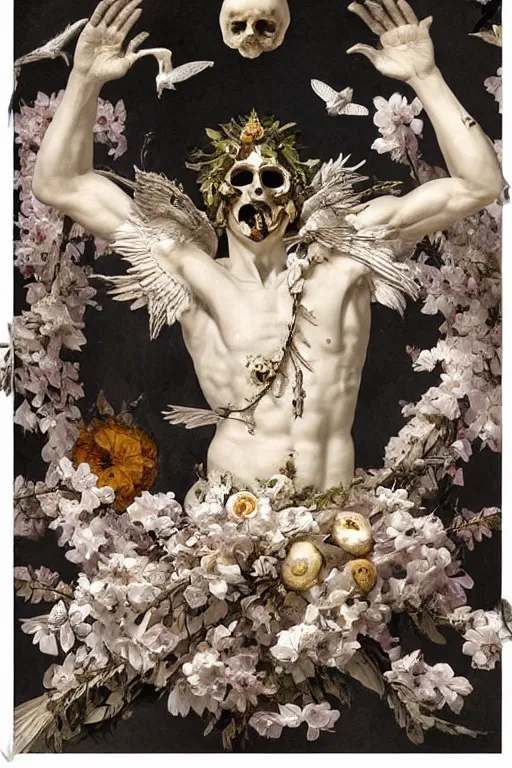 Image similar to A flying icarus reaching for the sun with a skull mask and wings as a Greek sculpture, quartz crystal skull, wreath of flowers and abstract milky quartz eyes, many large flying monster eyes, flowing sakura silk, fabric, flowers. baroque elements, human skull. full-length view. baroque element. intricate artwork by caravaggio. many many birds birds on background. Trending on artstation. halo. octane render, cinematic, hyper realism, octane render, 8k, depth of field, 3D